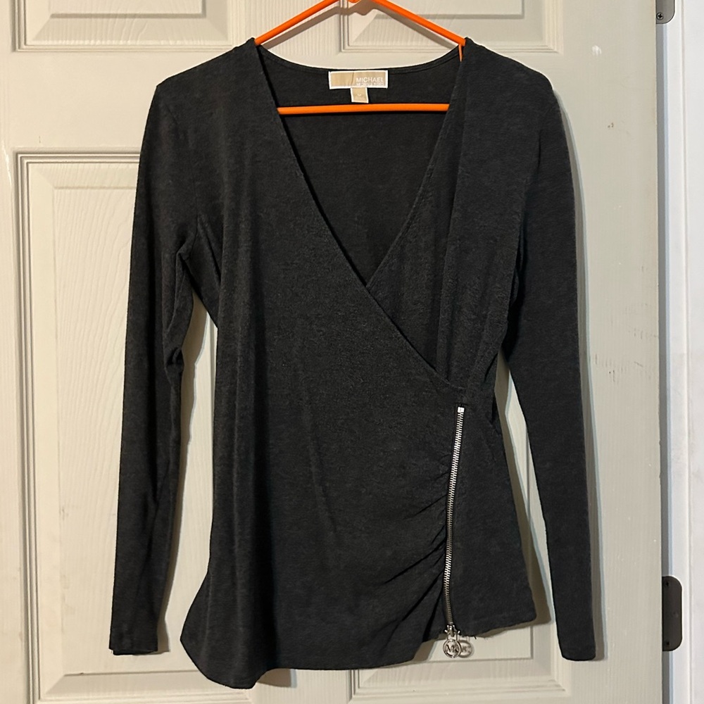 Michael Kors Charcoal Wrap Blouse with Zipper